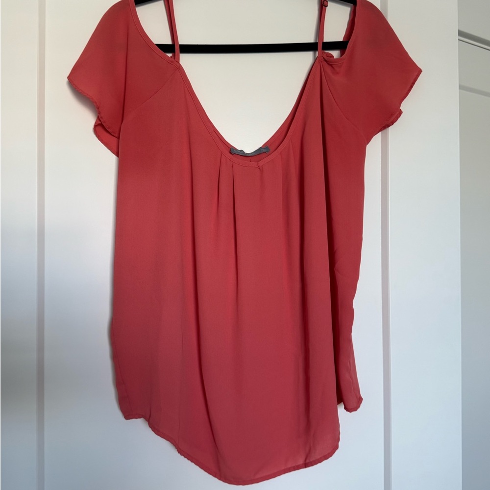 Coral Pink Flutter Sleeve Cold Shoulder Blouse